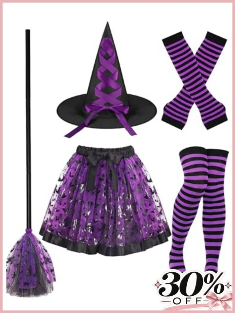 Witch Costume Set for Women - Hat, Tutu Skirt, Socks, Gloves, Broomstick